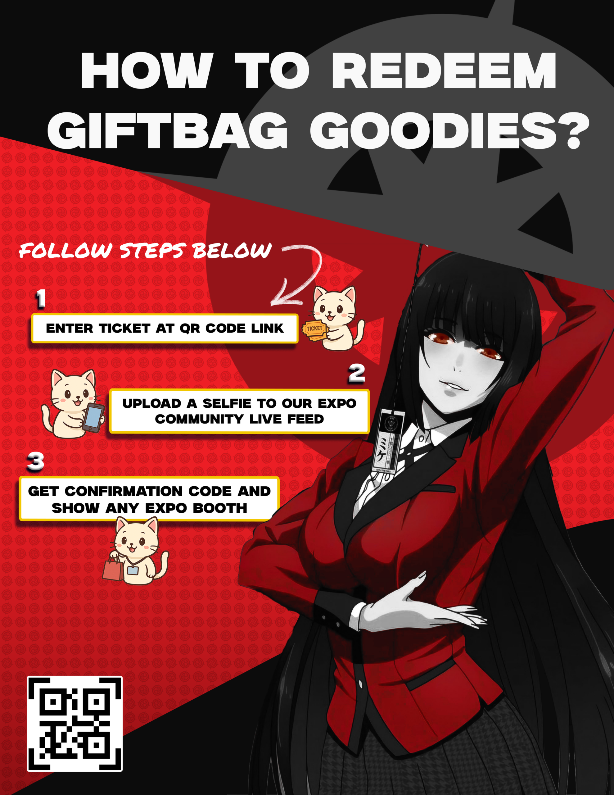 Instructional infographic designed to guide attendees through the steps required to redeem a gift bag.
Created using Adobe Illustrator and InDesign, with a structured layout, clear visual hierarchy, and step-by-step flow to ensure information is easy to follow in both print and digital formats.