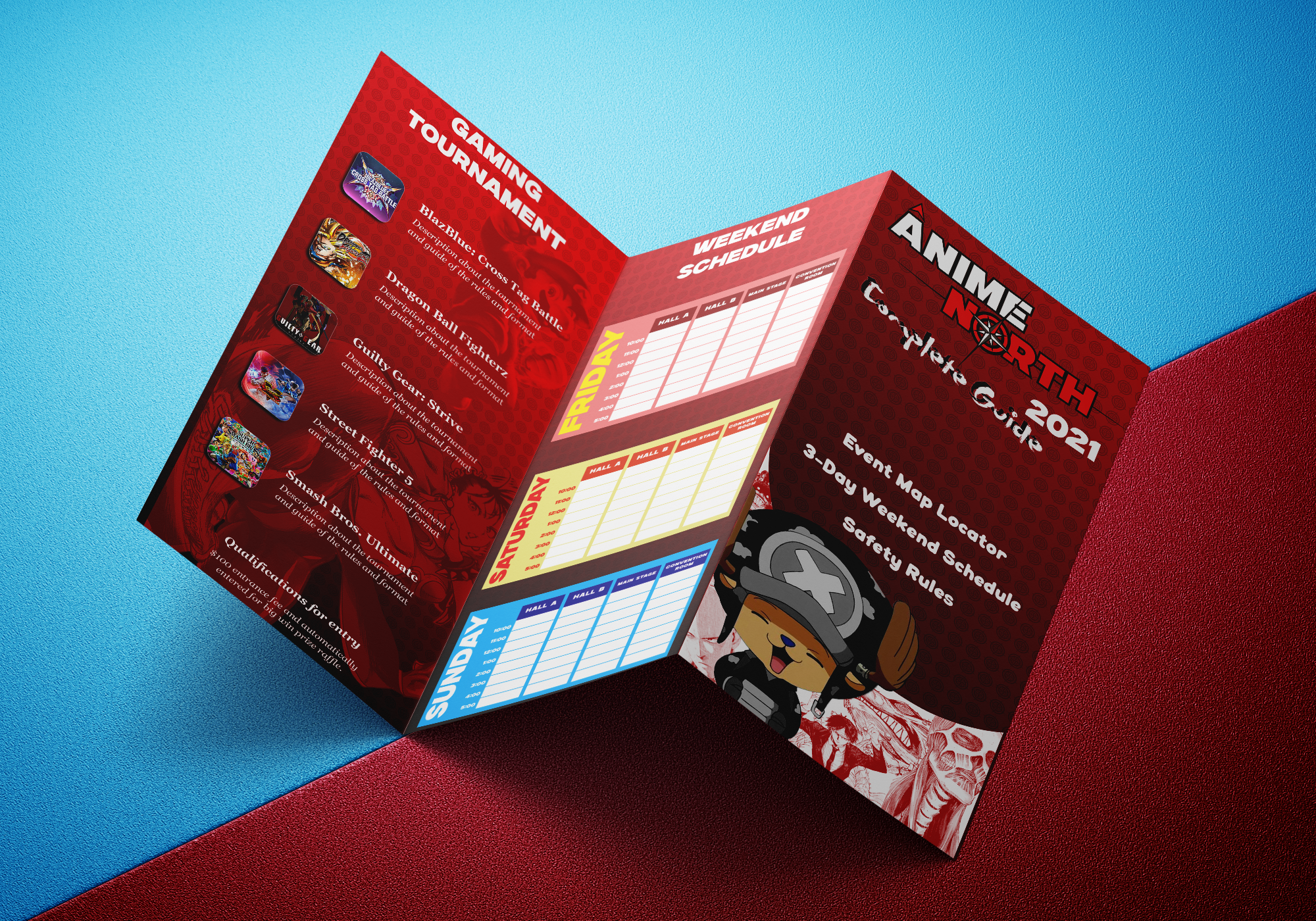 Trifold brochure design created for Anime North, focused on clear information hierarchy and readability across folded panels. Designed in Adobe InDesign and Illustrator, following grid-based layout principles, consistent margins, and panel-aware spacing to ensure accurate folding and print-ready alignment.