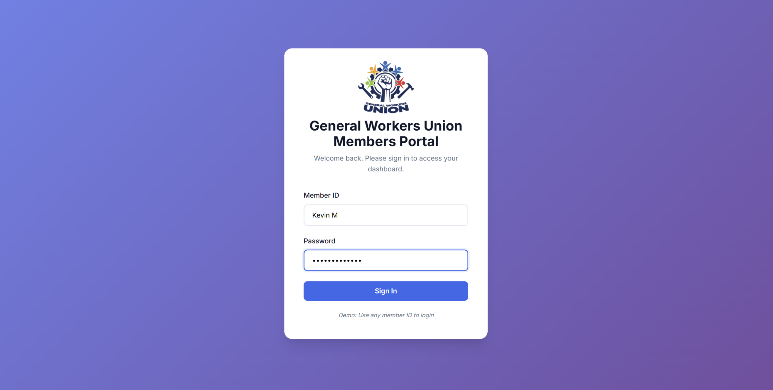 Login page built for a union member dashboard, focused on clarity, accessibility, and straightforward user interaction. Implemented using HTML, CSS, and JavaScript, with AI-assisted workflows (Cursor) used to streamline development while maintaining clean, readable code.