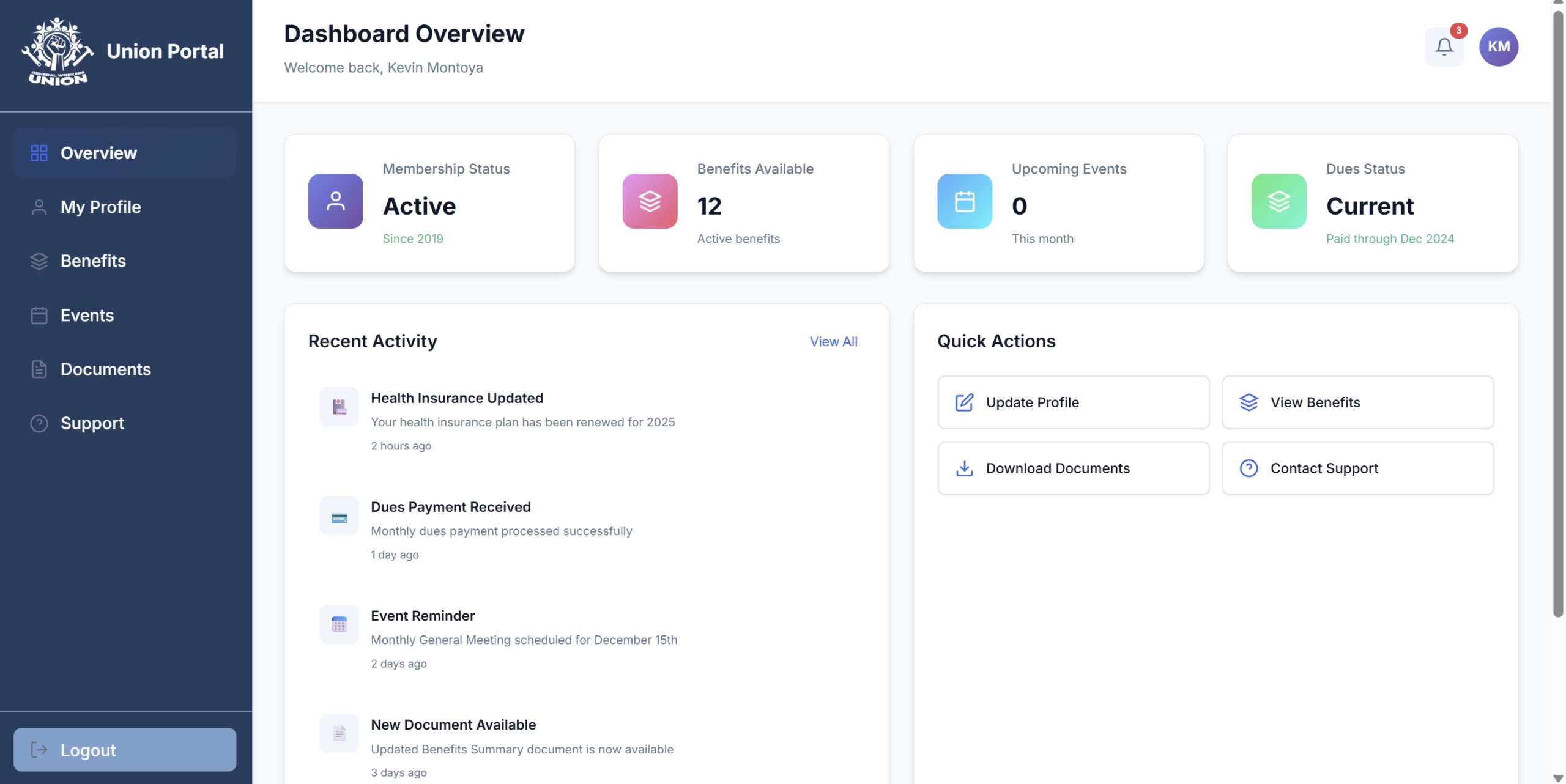 Dashboard overview built for a union member system, designed to present key information clearly and efficiently.
Implemented using HTML, CSS, and JavaScript with a focus on structured layout, readability, and responsive behavior.
AI-assisted tools (Cursor) were used to streamline development while maintaining clean, maintainable code.