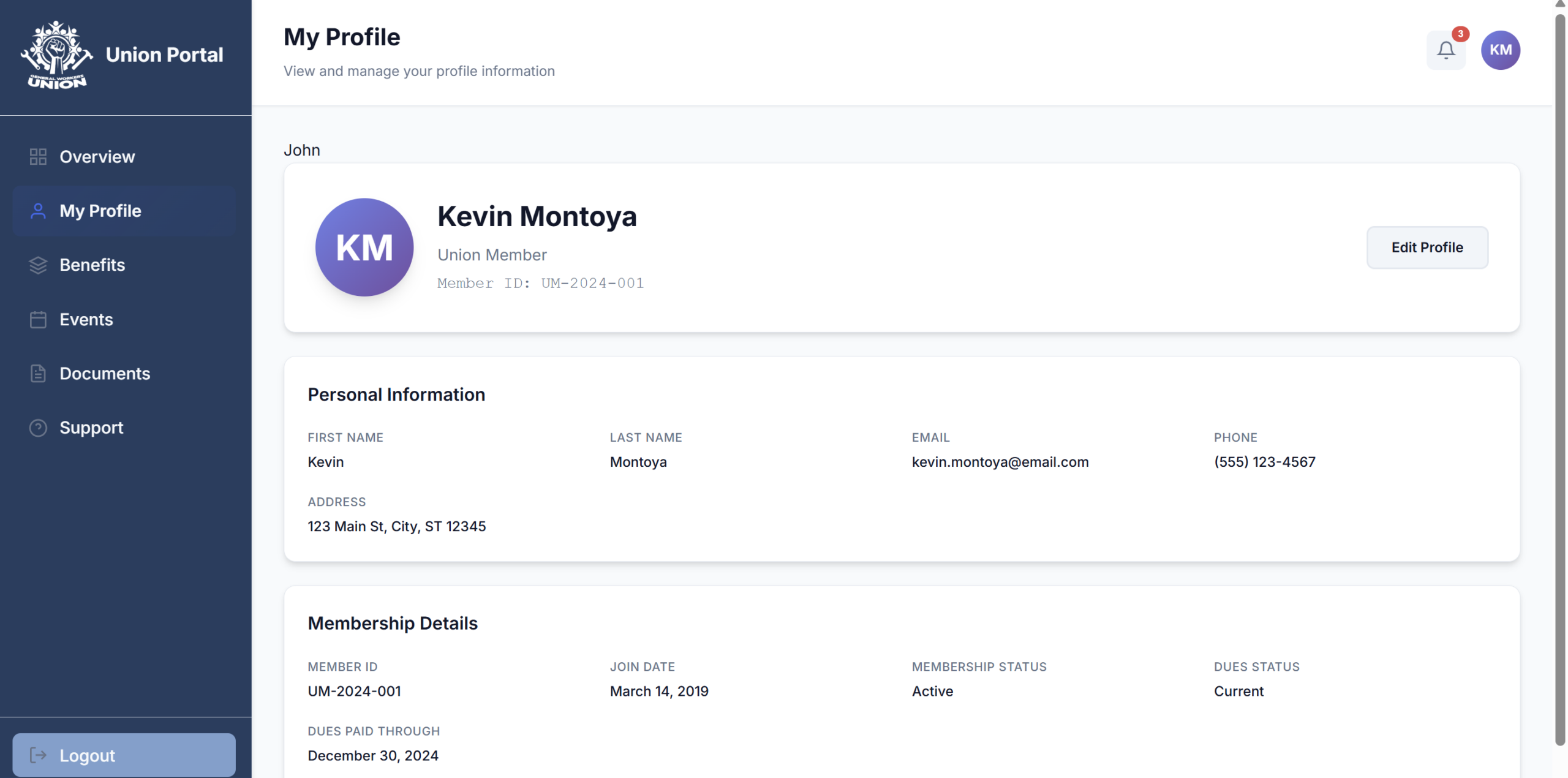 “My Profile” section built for a union member dashboard, designed to display and update member information in a clear, structured layout.
Implemented using HTML, CSS, and JavaScript with attention to form usability, consistency, and accessibility.
AI-assisted tools (Cursor) were used to streamline development and iteration.
