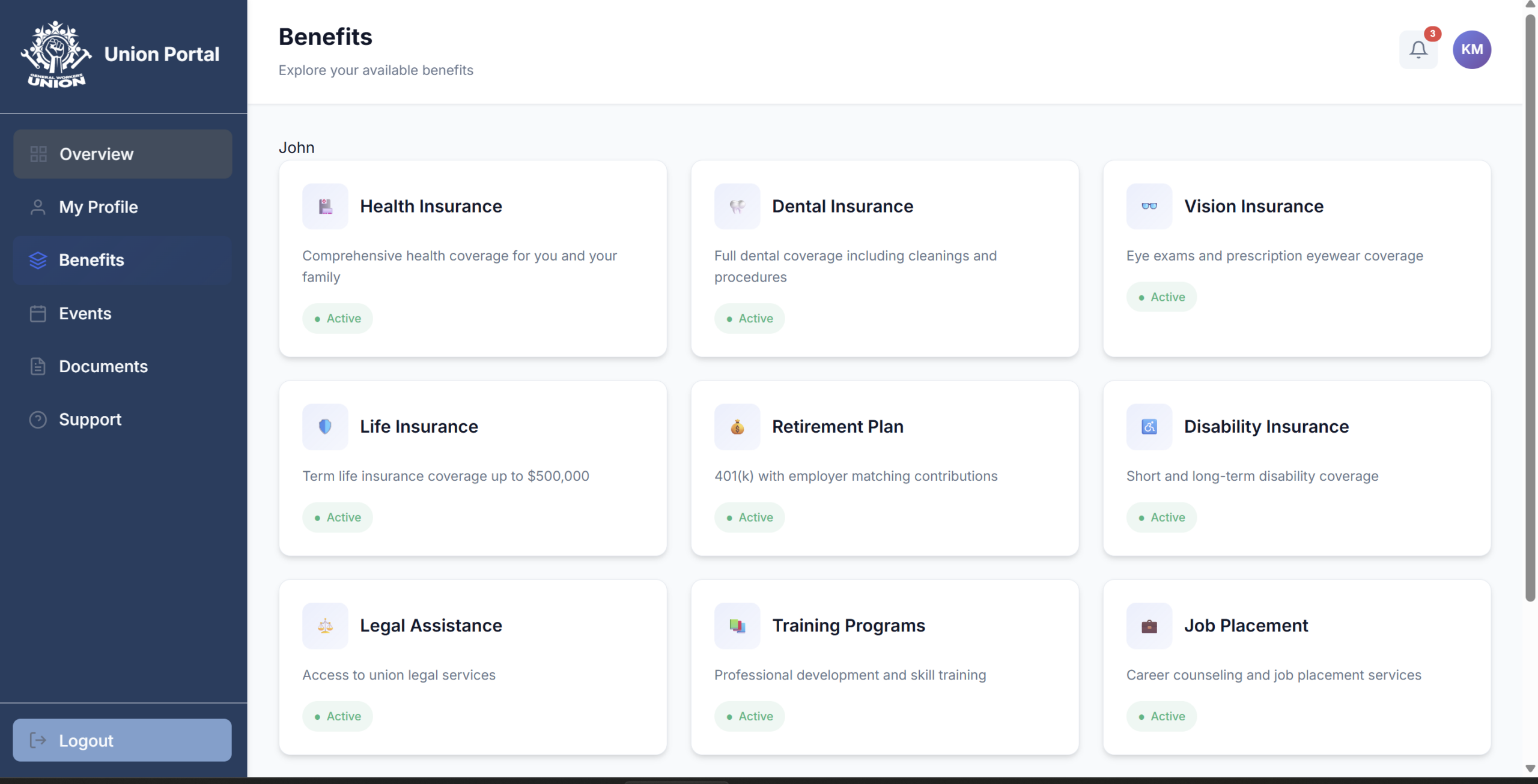Benefits section built for a union member dashboard, designed to present benefit information clearly and in a structured format. Implemented using HTML, CSS, and JavaScript with a focus on readability, consistency, and ease of navigation. AI-assisted tools (Cursor) were used to streamline development and iteration.