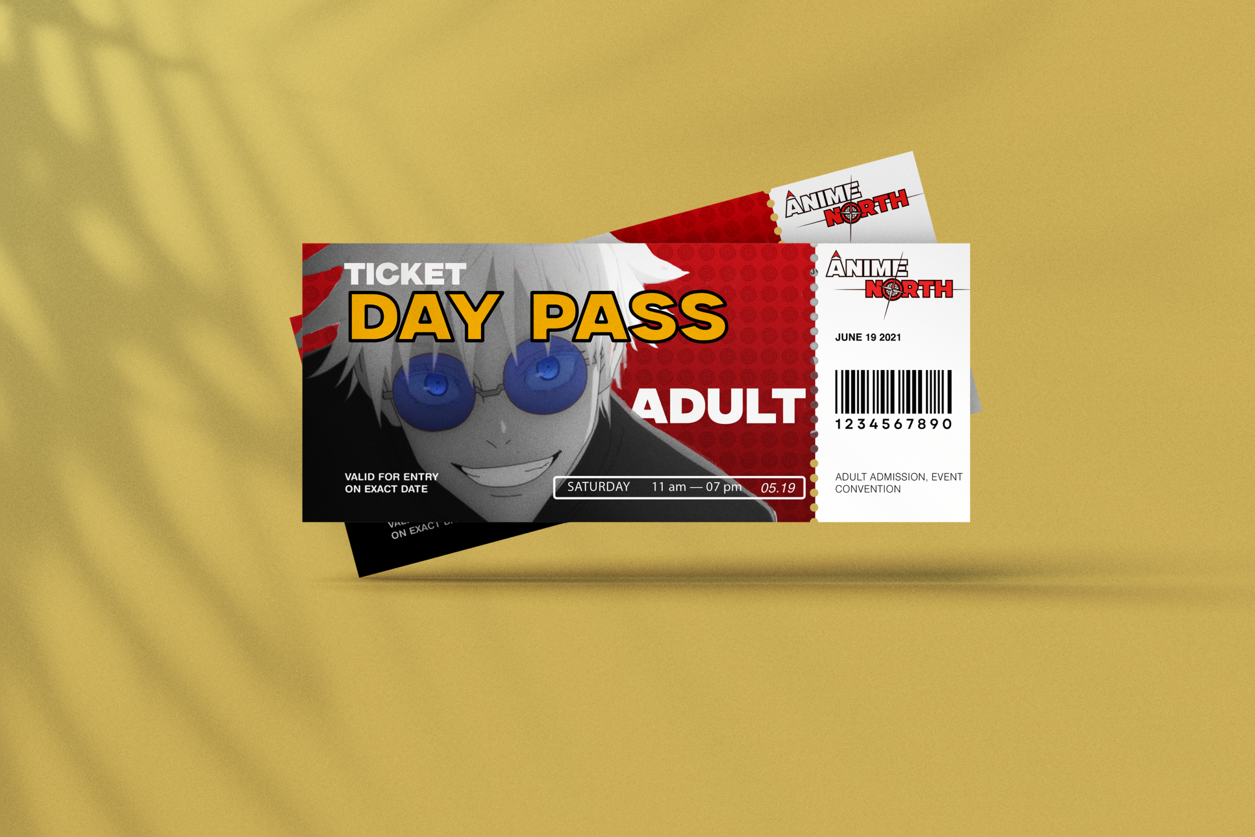 Event ticket design created for Anime North, incorporating essential event information, unique ticket codes, and barcode elements.
Designed using Adobe Illustrator and Photoshop, following established branding and layout consistency to ensure clarity, scannability, and print-ready use.