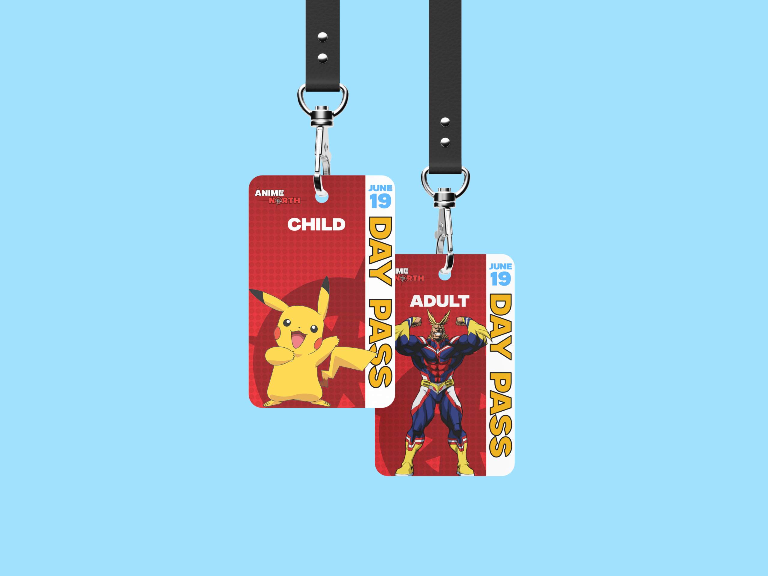 Day pass badge design created for Anime North event attendees, displaying essential access information in a clear, compact format.
Designed using Adobe Illustrator and Photoshop, following established branding and layout standards to ensure readability, durability, and print-ready production.