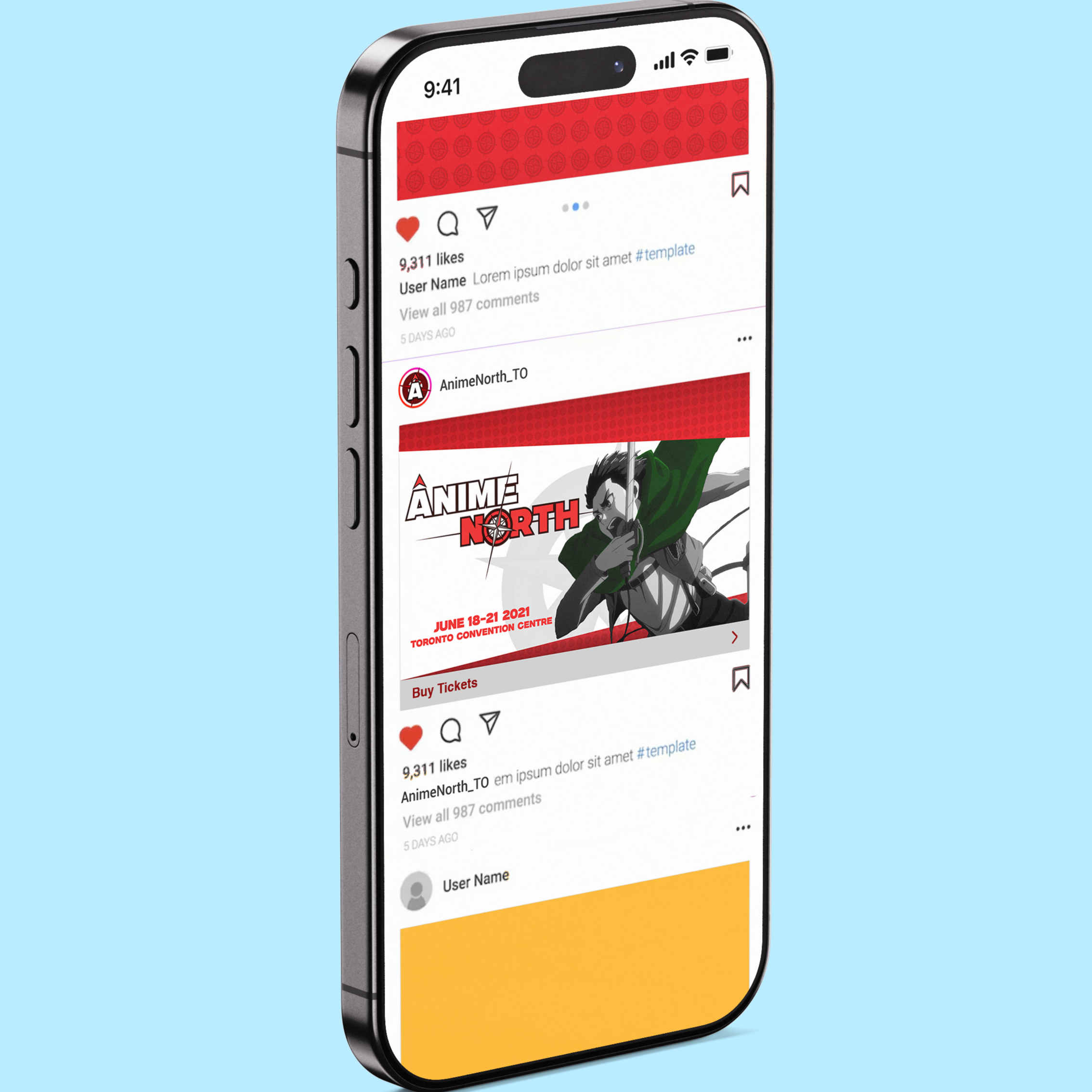 Social media graphic created to promote Anime North on Instagram, featuring concise event details and a clear CTA linking to ticket sales.
Designed in Adobe Illustrator and Photoshop with a focused layout to ensure readability and engagement on mobile devices.