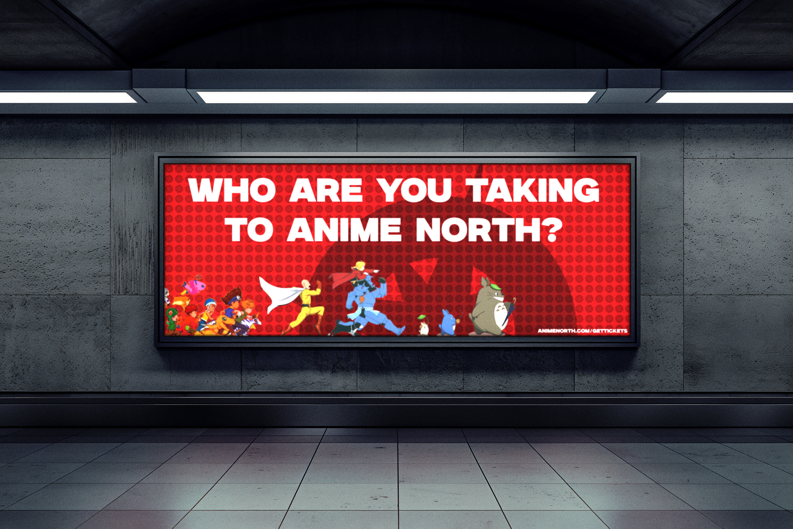 Subway ad design created to promote Anime North using a minimal message (“Who are you taking?”) supported by strong visuals and a QR code for additional information.
Designed in Adobe Illustrator and Photoshop with high-contrast layout and limited text to ensure fast readability and easy scanning in transit environments.