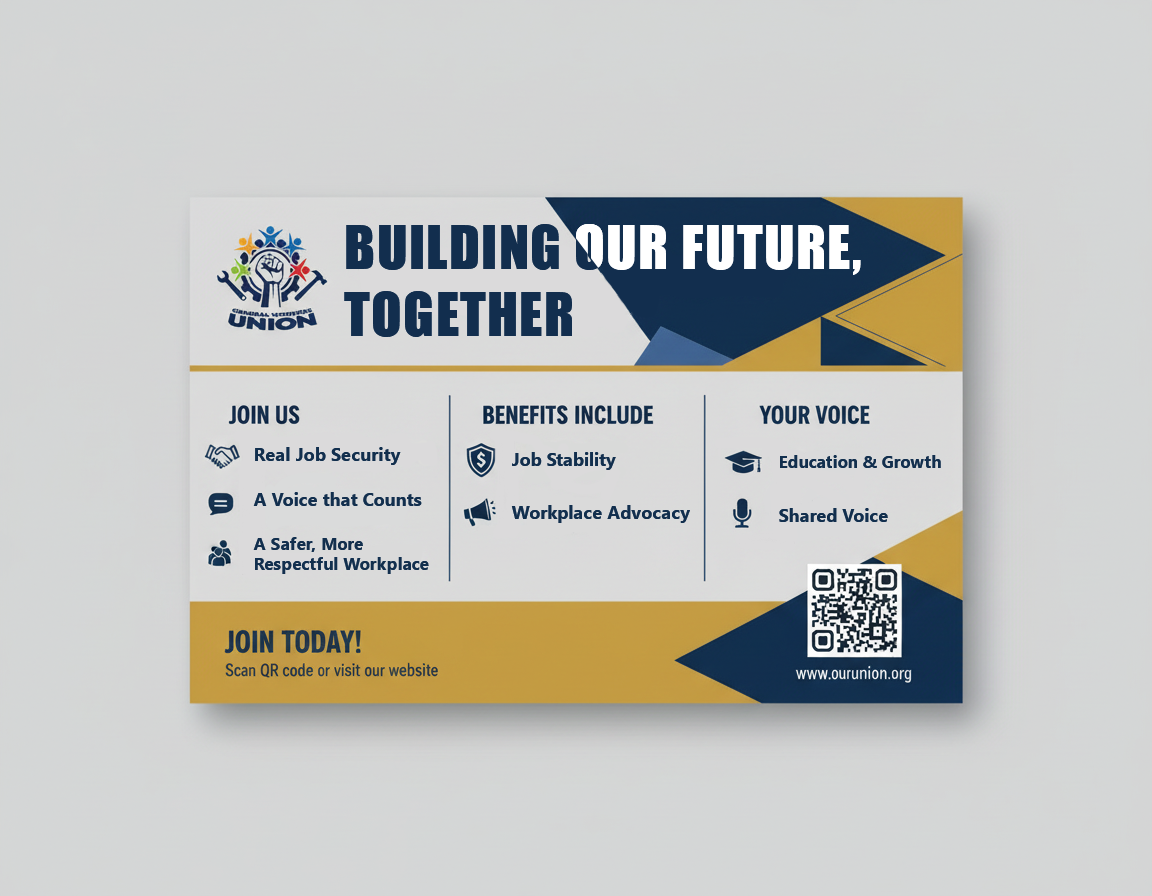Print mailer created for a union campaign, highlighting member benefits and collective voice through clear messaging and structured visual hierarchy. Designed in Adobe Illustrator and Photoshop with print-ready standards for real-world distribution.