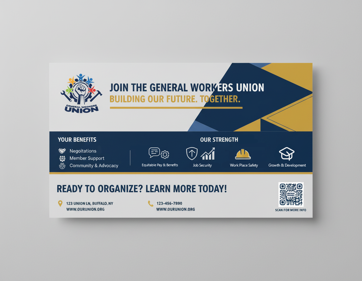 Print mailer created for a union organizing campaign, emphasizing collective strength and readiness to organize through clear messaging and strong visual hierarchy. Designed in Adobe Illustrator and Photoshop with print-ready standards for real-world distribution.