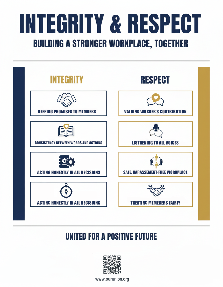 Poster created for a union campaign focused on promoting integrity, respect, and professionalism in the workplace. The design emphasizes clear messaging, balanced composition, and strong visual hierarchy for member-facing communications. Built in Adobe Illustrator and Photoshop with standard print considerations to ensure effective use across union offices, worksites, and shared spaces.