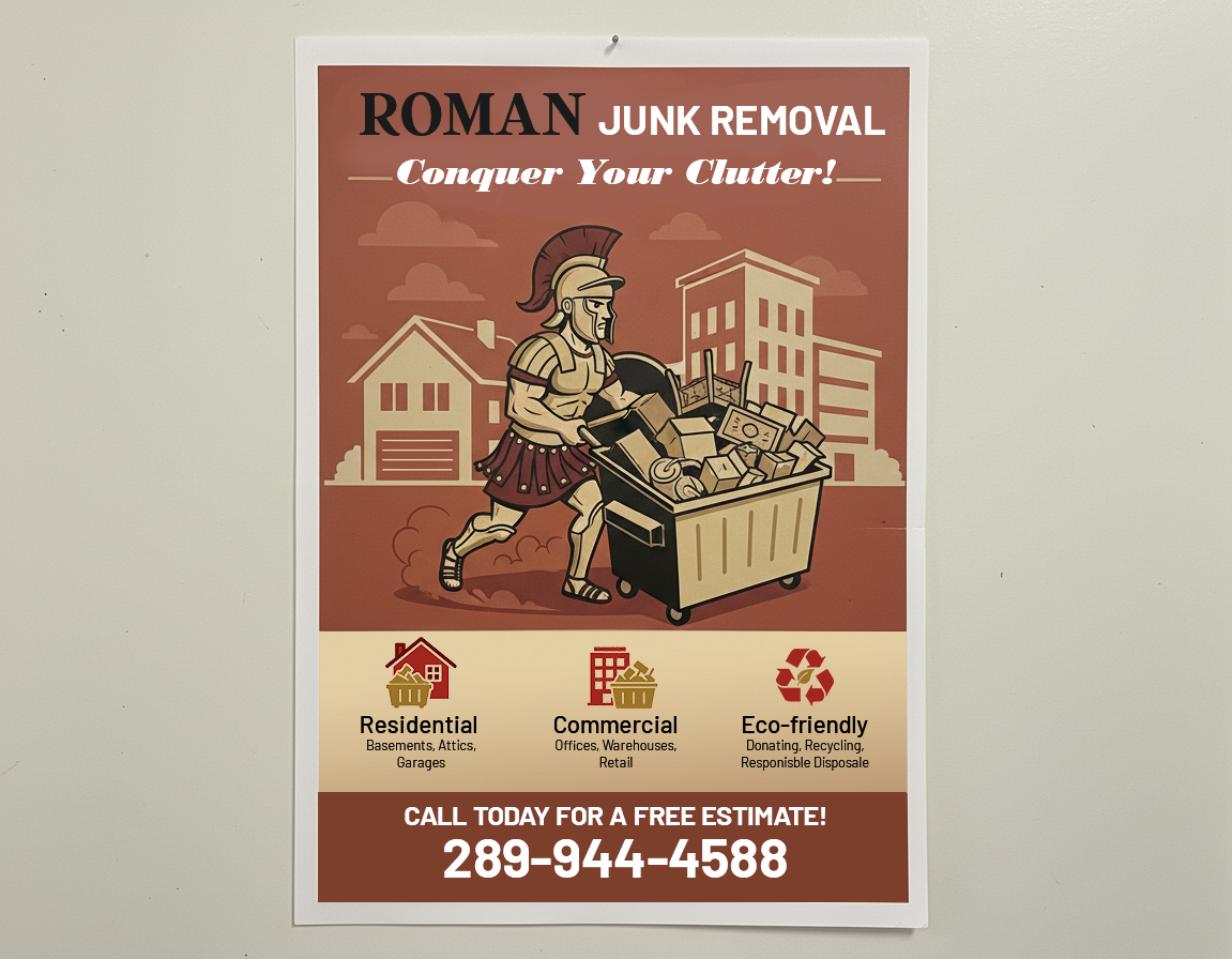 Promotional flyer designed for Roman Junk Removal to clearly communicate services and contact information.
Created using Adobe Illustrator and Photoshop, with a structured layout and clear visual hierarchy to support print distribution and quick readability.