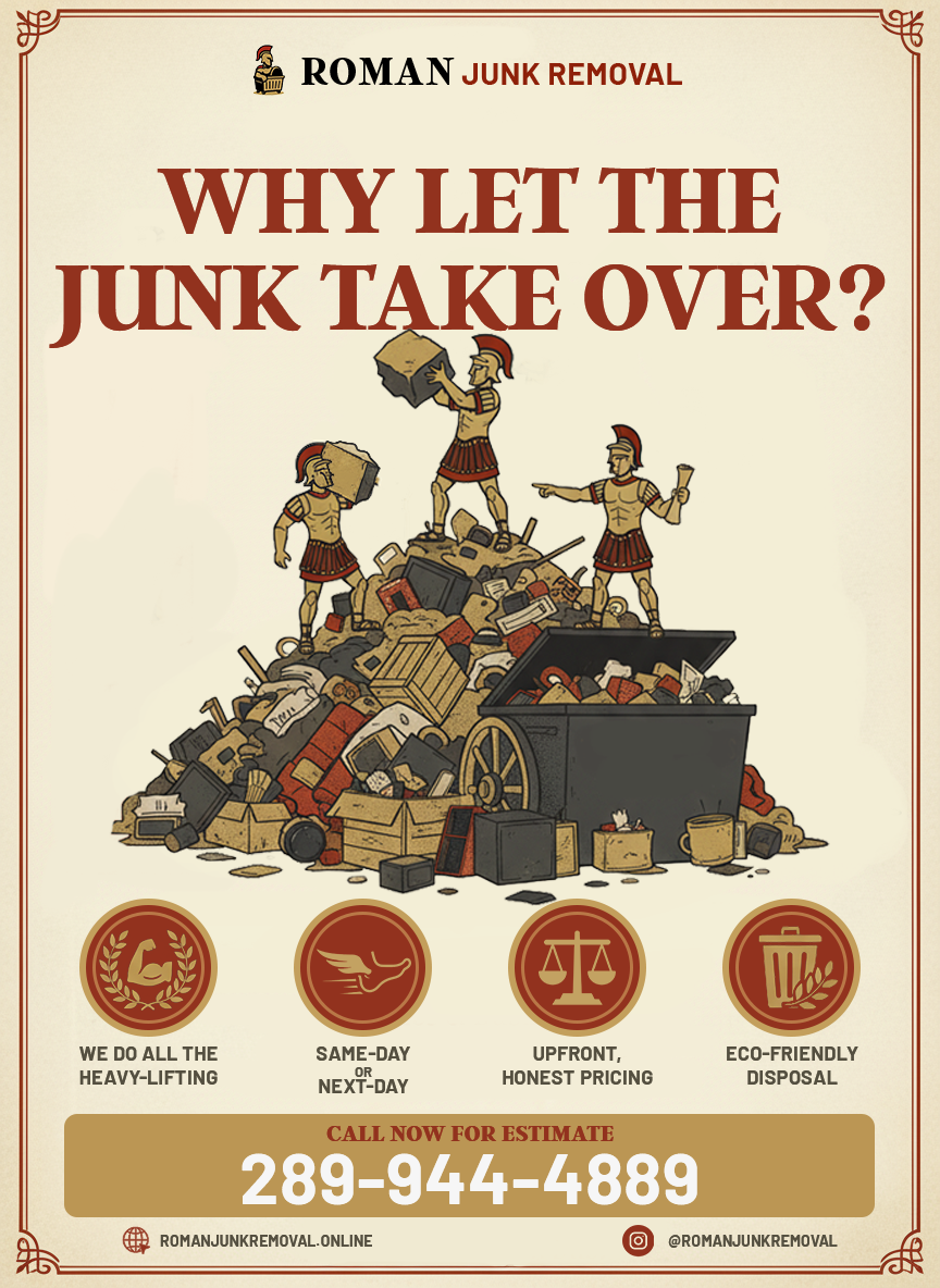 Promotional flyer designed for Roman Junk Removal to clearly communicate services and contact information.
Created using Adobe Illustrator and Photoshop, with a structured layout and clear visual hierarchy to support print distribution and quick readability.