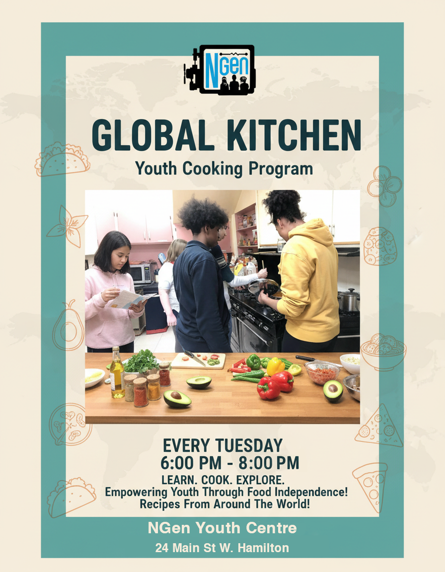 Digital poster created for NGen Youth Centre to promote a youth cooking class. Designed with clear information hierarchy, brand consistency, and adaptability for social media platforms.