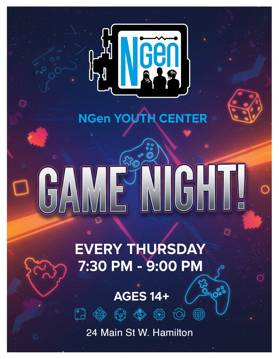 Digital poster designed for NGen Youth Centre to promote a youth game night event. Created with a focus on clear event communication, brand consistency, and visual engagement for social media platforms.