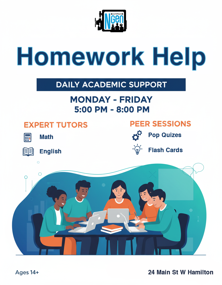 Digital poster designed for NGen Youth Centre to promote a youth homework support program. Created with a focus on clear information hierarchy, accessibility, and brand consistency for social media platforms.