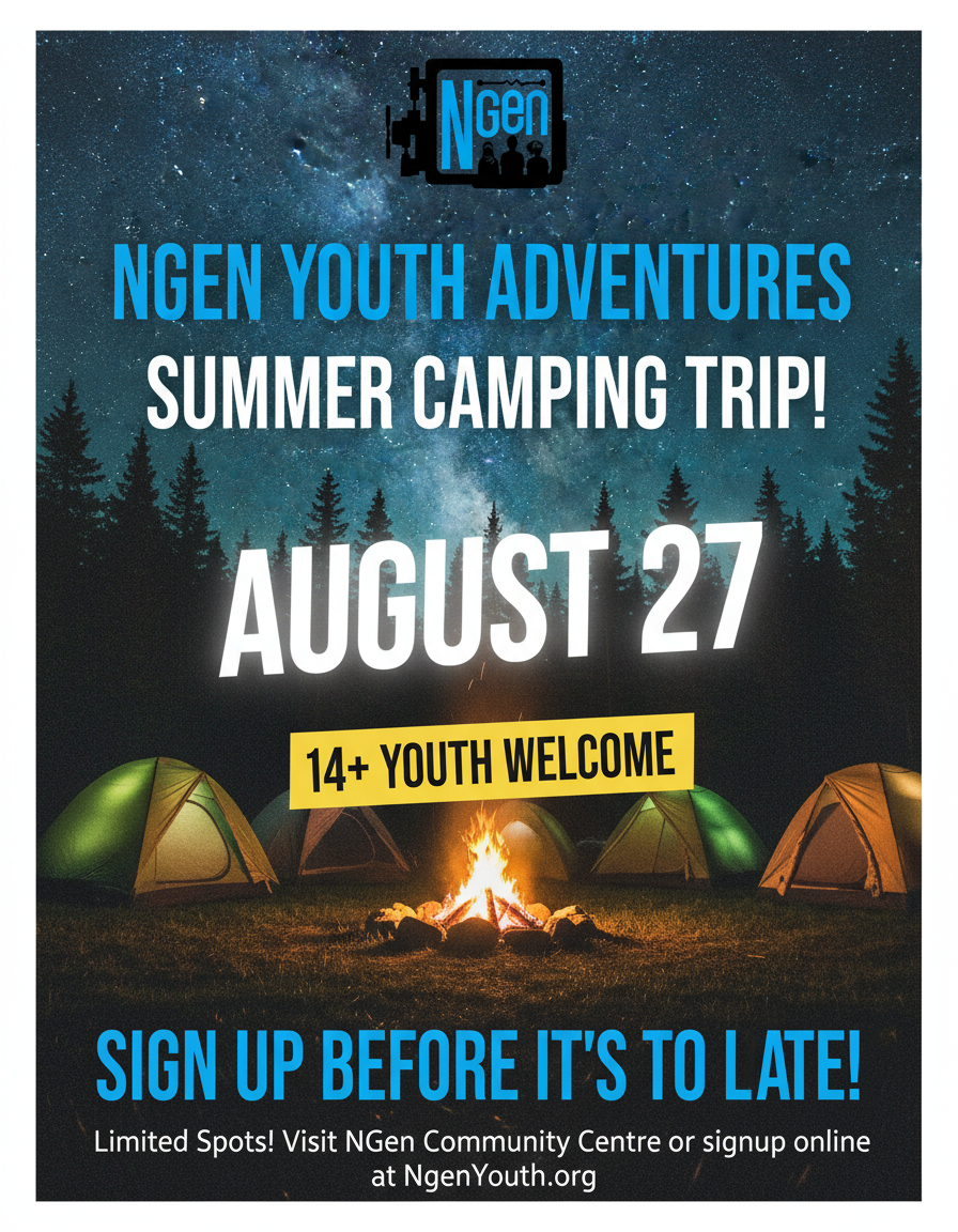 Time-sensitive promotional graphic designed to promote a youth camping trip and drive sign-ups. Created in Adobe Illustrator with clear hierarchy and strong call-to-action placement, ensuring key details stand out while engaging a 14+ audience across both print and digital platforms.
