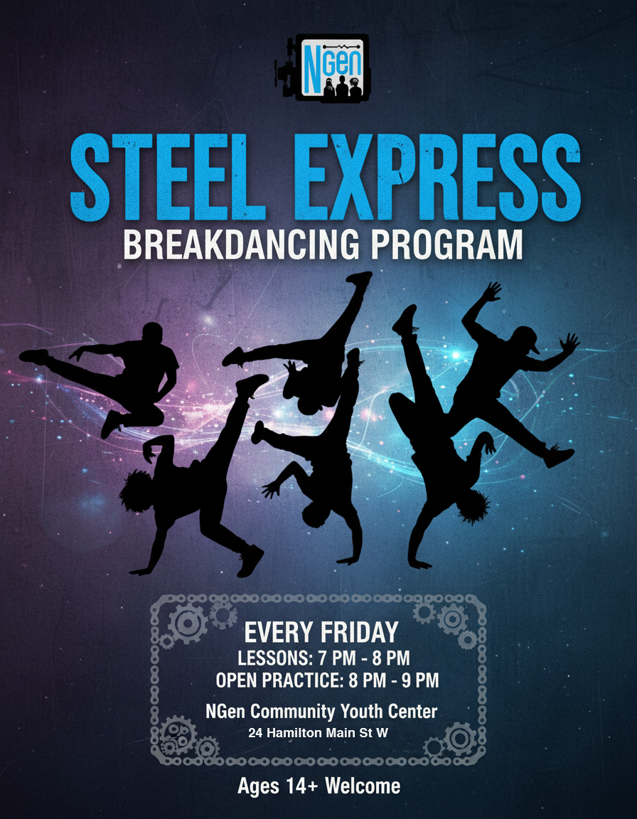 Weekly promotional design for Steel Express breakdancing classes at Ngen Youth Center. Created in Adobe Illustrator with a focus on bold typography, energetic layout, and youth-driven visuals. The design maintains program-specific identity while aligning with overall branding and targeting a 14+ demographic.