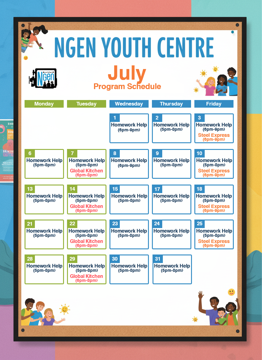 Monthly schedule designed to clearly communicate programs and events by day. Created in Adobe Illustrator with a strong focus on layout hierarchy, readability, and information design, ensuring youth, parents, and staff can quickly understand what’s happening and when.