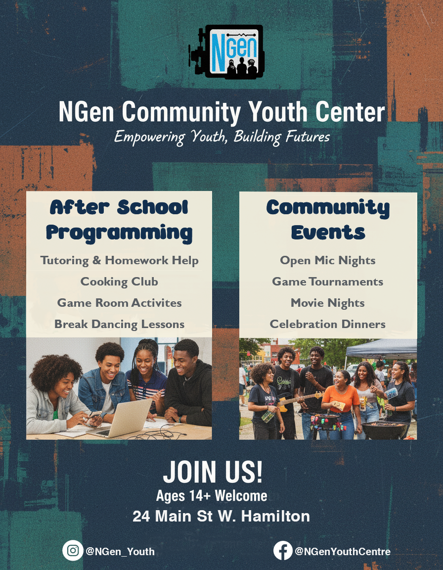 General promotional poster designed for NGen Youth Centre to highlight a variety of youth programs and events. Created to clearly communicate offerings while maintaining brand consistency and visual clarity across social media platforms.